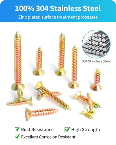 600Pcs Stainless Steel Zinc Plated Wood Screws Assortment Kit, #4#6#8#10#12 Phillips Flat Head Sheet Metal Screws Self Tapping Screws Set,Length 3/8" to 2" (Gold-Flat Head) Gold