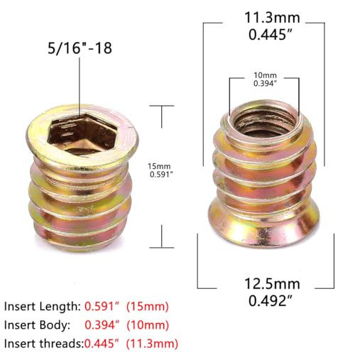 200 Pcs 5/16"-18x15mm Threaded Inserts for Wood for Furniture Reinforcement 200