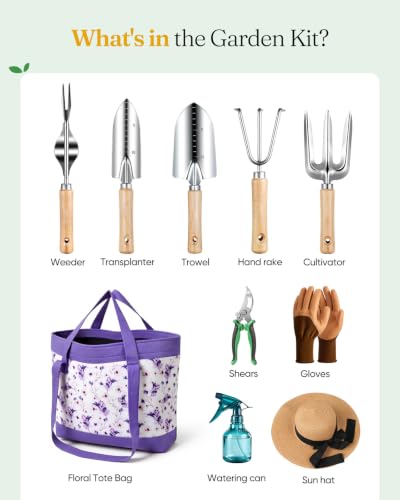 Grenebo Gardening Tools 10-Piece Garden Tool Set with Floral Bag, Purple