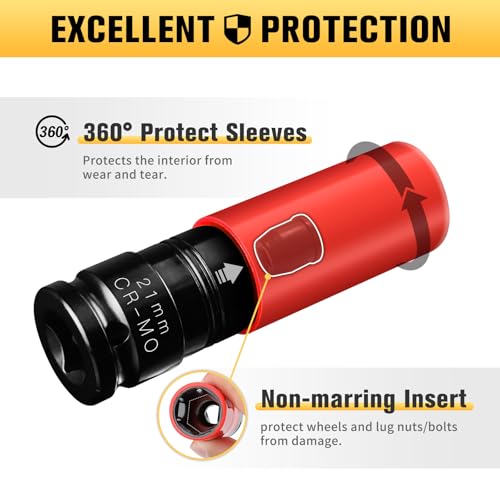 BOEN 1/2" Drive Wheel Protector Impact Socket, Non-Marring Lug Nut Thin Wall Deep Socket Set, CR-MO, 6 Point, Color-Coded Protective Socket | Metric 17 19 21 mm | SAE 13/16 7/8 inch (5 PCS) 5-Piece Metric/SAE