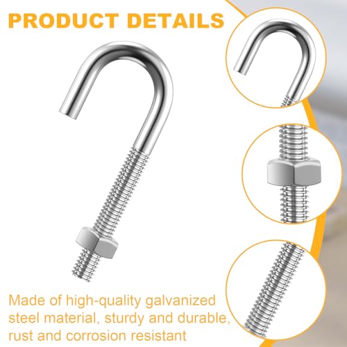 20 Pcs 3/8" x 3-3/4" J Bolt with Nut Galvanized Steel Eyebolts with Nuts Anchor Bolts Fastener Hardware for Concrete Pad Pouring Wood Projects Construction Dam Hanging Outdoor Installation 20