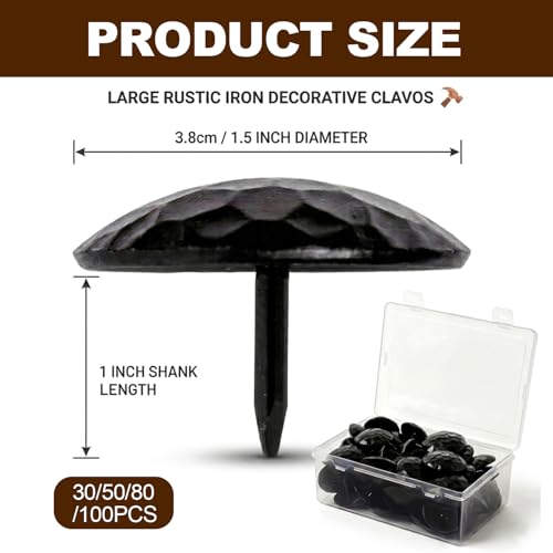 50 Pcs 1.5 Inch Black Clavos Decorative Nails - Iron Antique Rustic Fasteners for Wood Doors, Furniture, Gates, Shutters and Faux Wood Beams 1.5inch 50pcs