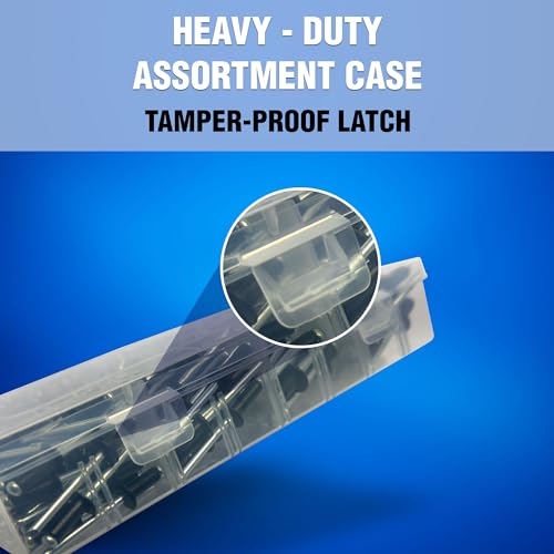 New Age America® 700pcs Blind Pop Rivets & Backup Washers | 3/32" to 1/4" | Black | 14 Sizes | SAE Size Aluminum Rivets & 304 Stainless Steel Backup Washers | Rivet Kit w Steel Mandrel | Labelled Case 700 PCS Rivets & Washers