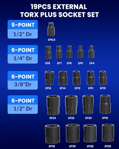 DPTOOL External Torx Plus Socket Set 19pcs 6 Point EP Socket EP4-EP32 19PC