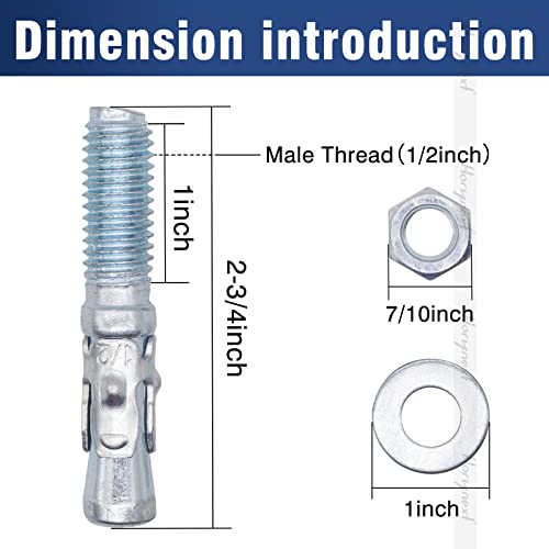 1/2 Concrete Anchors, 1/2 Wedge Anchors Bolts, 2-3/4" L, 10 Pcs 1/2" x 2-3/4"
