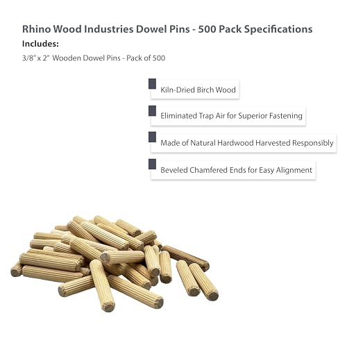 3/8" x 2" Wooden Dowel Pins, 500-Pack – Birch Hardwood, Kiln-Dried, Fluted & Beveled (3/8" x 2", 500pk) 3/8" x 2"