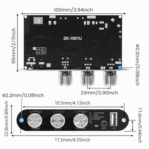 ZK-1001U Bluetooth 5.3 Mono Amplifier HiFi Stereo with TWS & Boost Circuit, 100W Output, Mini Audio Amplifier for Home and Outdoor DIY Speakers, USB/AUX/BT Input, DC 9-24V ZK-1001U