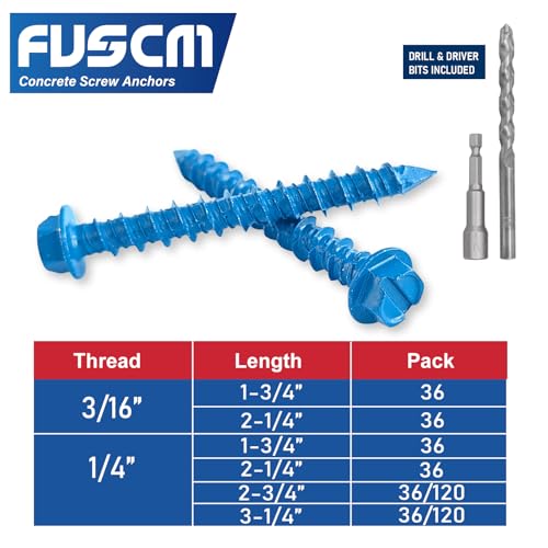 1/4"x2-3/4"Slotted Hex Concrete Screws Anchor for Concrete 120pcs/box 1/4" 2 3/4 Inches 120