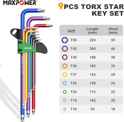 MAXPOWER Allen Wrenches Set, 18-piece Metric Ball End Hex Key Set & Torx Star Allen Keys, Long Arm Wrench with Extra T-Handle for Home Maintenance and DIY 18 Pcs