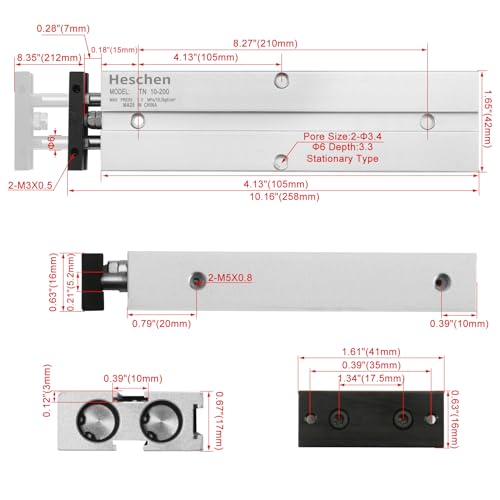 Heschen Double-Acting Pneumatic Air Cylinder, TN10-200, Bore 10mm, Double-Rod Aluminum, with Magnet,for The Automatic Equipment (Stroke:200mm) Stroke:200mm