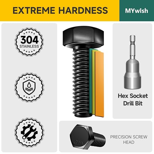Mywish 85Pcs 5/16-18 Bolts and Nuts Kit & 355PCS Black Hex Head Nuts and Bolts Assortment Kit, 304 Stainless Steel Bolts and Nuts Kit with Flat Spring Washers with Drill Bits, Fully Threaded