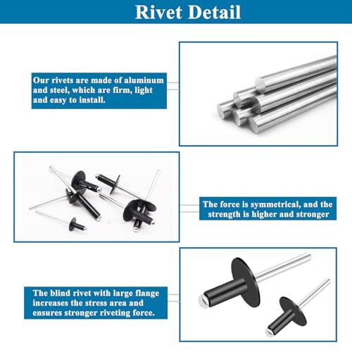 210pcs Black Pop Rivets Assortment Kit,7 Sizes Large Flange Aluminum Rivets(1/8 inch 3/16 inch 1/4 inch),Assorted Blind Rivets for DIY/Automotive Repairs/with Box