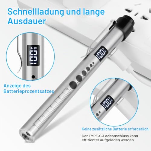 Flintronic Upil Light Medicine, 1 Piece Diagnostic Light with Digital Display, Pupil Meter and Ruler, Rechargeable USB LED Pen Lamp for Nurses, Students, Doctors (Silver) Type-c-silver-1 Piece