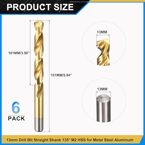 PATIKIL 13mm Drill Bit Jobber Straight Shank M2 TiN Coated 6Pcs 6