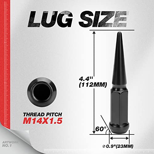 M14x1.5 Spike Lug Nuts for Chevy Silverado 1500 F-150 Ram 1500,24PCS 4.4" Tall Conical Bulge Seat 14mmx1.5 Solid Black Spiked Lug Nuts with 2 Socket Keys Wheel Accessories for Sierra 1500 Expedition