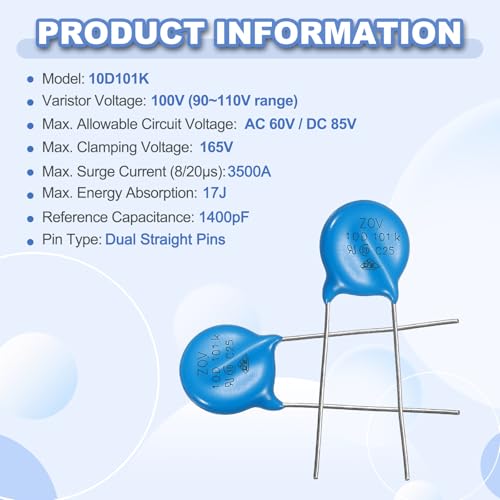 QUARKZMAN 12-piece Varistors 10D101K AC60V DC85V Round Varistor Blue | 10.5mm Diameter Radial Lead Disc Varistor, for Resistive Power Supply Industrial Plants