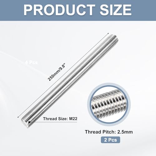 MECCANIXITY Fully Threaded Rod M22 x 250mm 2.5mm Thread Pitch 304 Stainless Steel Right Hand Threaded Rods Bar Studs Long Threaded Screw 2 Pack M22x250mm