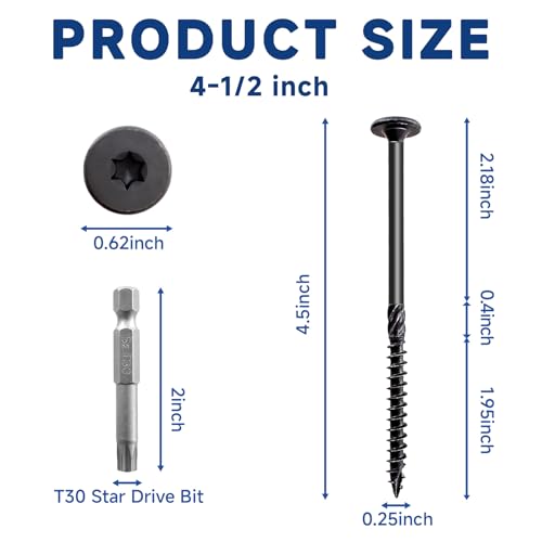 #14 x 4-1/2 Inch Structural Wood Screws Kit(55PCS), Heavy Duty Exterior Timber Screws, Black Lag Screws for Wood with Washer Head, Structural Construction Screws with T30 Star Drive Bit #14 x 4-1/2" 55