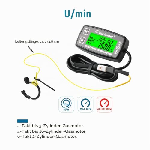 Runleader RL-HM035A-M5 Speedometer Urenteller Motor Temperature Display | With mounting bracket, alarm RPM & Temp, backlit display, for lawn tractors, compressors, generators, snowmobiles