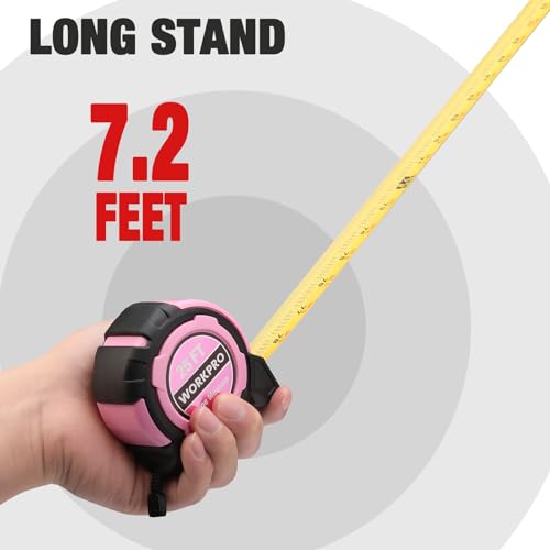 WORKPRO 25FT Pink Tape Measure, 1/8 Fractions Easy Read Measuring Tape