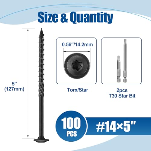 Lag Screws #14×5", 100PCS Heavy Duty Construction Screws, Rust Resistant, Washer Head, Black Coated External Wood Screws, Trusss Lag Screws, 2PCS T30 Star Bit Included #14×5″ 100