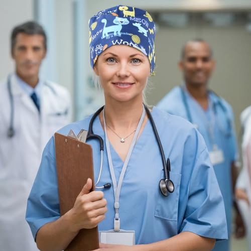 Amexo Pack of 4 Surgical Caps, Cotton Exfoliating Hat with Sweatband and Buttons, Surgical Hat, Dust Cap, Adjustable Bandana Cap, Chef's Hat for Men and Women blue