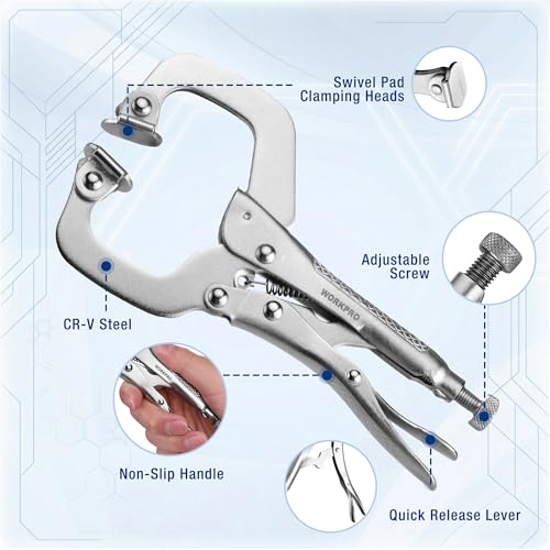 WORKPRO 4-Piece 6" Locking C-Clamp with Swivel Pads Set, Heavy Duty Adjustable Vise Grip Pliers, 4 Pack Welding Clamp for Woodworking, Metalworking, Auto Repair and Home Workshop 6-inch