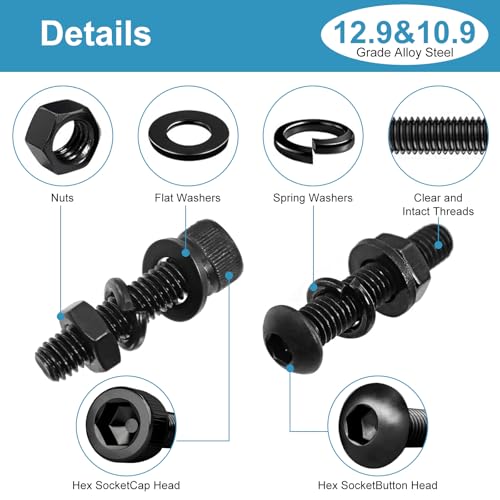 2200PCS M3 Screws with Nuts Assortment Kit, Hex Socket Button and Cap Head Bolts, 12.9 and 10.9 Grade, Black Zinc Plated, 4-35mm, for DIY and 3D Printer