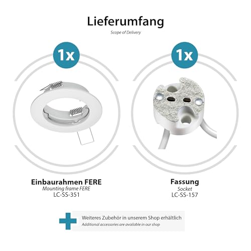 ledscom.de FERE Ceiling Mounting Frame Matt White (LED/Halogen/MR16/50 mm) with GU5.3 Socket Pack of 5 (Pack of 1)
