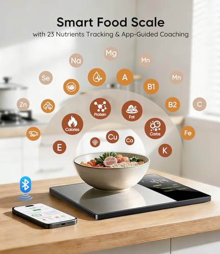 Smart Food Scale with Nutritional Calculator with 23 Nutrients Tracking&LED Display,Bluetooth Sync to Fitdays+ App,Stainless Steel,5KG Capacity,Calorie Counting for Calorie Control&Fitness Goal,Silver Silver