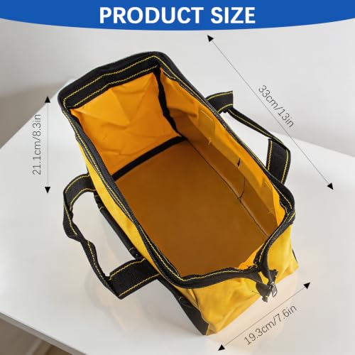 3 Pack 13 Inch Tool Bag, Wide Mouth Tool Tote Bag with Waterproof Base, Heavy Duty Tool Storage Bag Organizer for Various Tools, 5 Pockets, Blue, Yellow, Red
