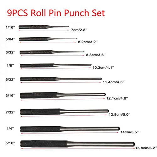 Punch set, Roll pin punch set with hammer +storage pouch+bench block,Roll pin starter punch1/8,5/64,3/32,1/6,5/32,3/32,7/32,1/4,5/16[9pc] GREY