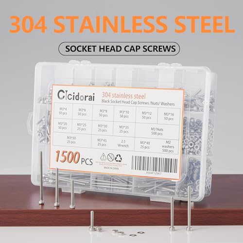 M3 Stainless Steel Hex Socket Head Cap Screws Bolts Assortment Kit - 1500 Pcs (M3 x 4/6/8/10/12/16/20/25/30/35/40/45/50mm) with Nuts, Washers and Hex Key Wrenches M3 x 4/6/8/10/12/16/20/25/30/35/40/45/50