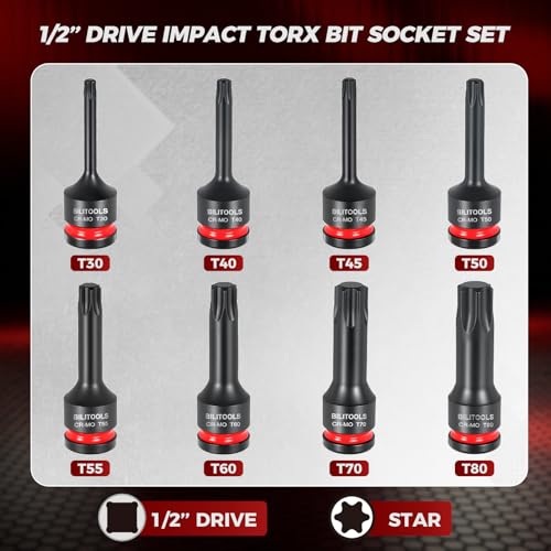 BILITOOLS 8-Piece Impact Torx Bit Socket Set, 1/2 Drive, T30-T80, Cr-Mo