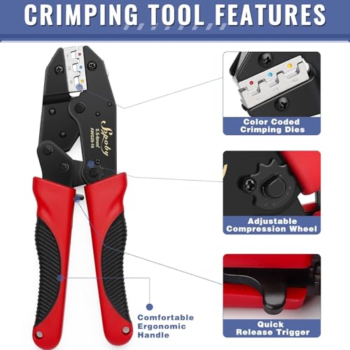 Sopoby Crimping Tool For Heat Shrink Connectors with 300PCS Marine Grade Heat Shrink Wire Connectors - Tinned Red Copper - Electrical Crimping Tool - AWG 22-10 Electrical Ring Fork Spade Splice 300PCS Heat Shrink Wire Connectors Set