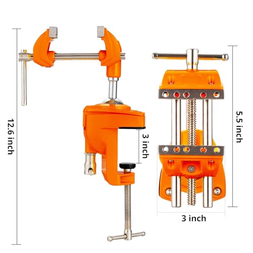 Bench Vise, 360° Swiveling Articulating Vise, Clamp-On Vise for Workbench, Cast Steel Table Clamp Vise, Pipe Vise, Bench Vice for Woodworking, DIY, Drilling, Sawing, Metal Working, Orange