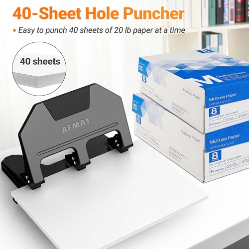 AFMAT 3 Hole Punch Heavy Duty, 9/32" Hole Diameter, 40-Sheet 3 Hole Puncher for Binder, 50% Reduced Effort, Metal Three Hole Punch w/ 10,000+ Uses, Bulit-in S.S. Paper Guide, Large Chip Tray, HPX3 Black 40-Sheet Capacity