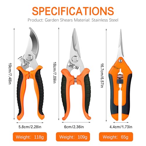 3PCS Garden Pruning Shears Set - Heavy Duty Bypass Pruners, Sharp Stainless Steel Gardening Scissors with Ergonomic Handle, Secateurs for Plants, Flowers, Fruit Trees, Bush Trimming (Orange) Orange