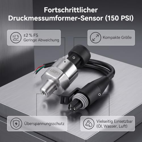 Pressure Sensor 1/8, 1/8 150 psi Pressure Transducer, 1/8 Inch NPT Thread Stainless Steel Pressure Sensor for Oil Fuel Air Water (150 PSI)