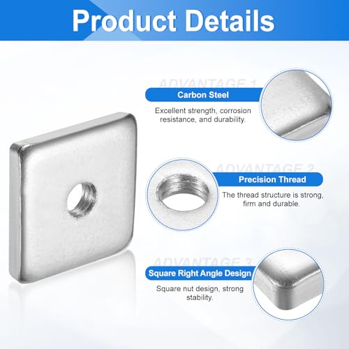 uxcell 25Pcs M8x30mmx5mm Square Nuts, Carbon Steel Zinc Plated Coarse Thread Square Nuts Fasteners for Home Repairs and Professional Engineering, Silver 25