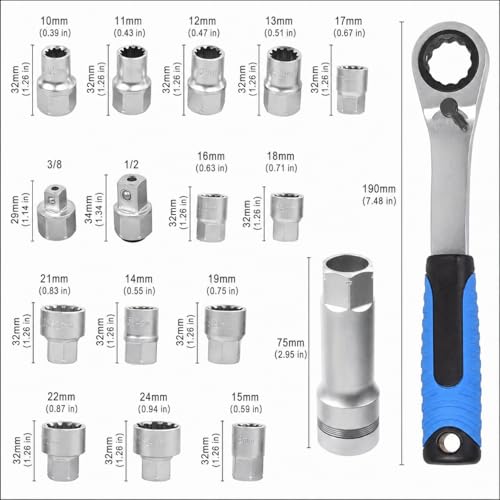 17-Piece Pass Through Socket Set with 72-Tooth Ratchet Wrench, Metric Sockets 10mm to 24mm, 1/2" and 3/8" Adapters, Extension Socket