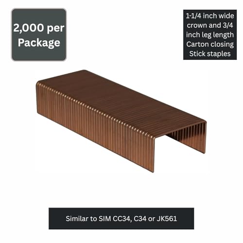 C-3/4,1-1/4" Crown by 3/4" Leg Length Carton Closing Stick Staple, 2000 per Package- SIM CC34, C34 or JK561, Ideal for Folding Boxes, Complete Overlap and Corrugated Cardboard Applications 1-1/4 crown x 3/4" leg length 2000.0