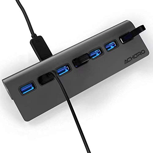 Achoro 7 Ports USB 3.0 Hub - Triangle Aluminum Alloy - High-Speed USB Port Expander - Compatible with PC, iMac, MacBook, Windows, Desktop, and More – Computer Multiple USB HUB (Space Grey) Space Gray