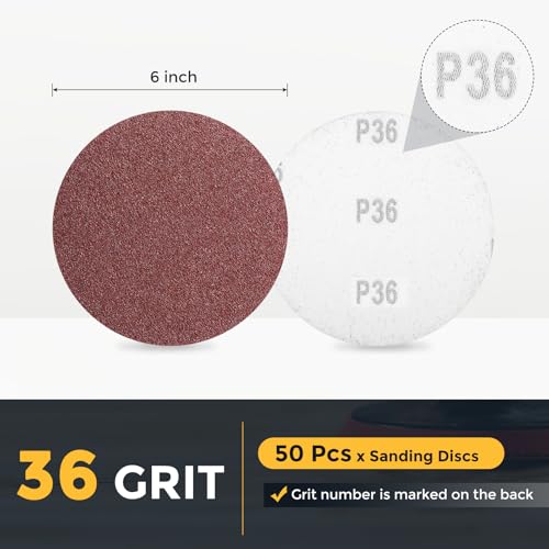 HARFINGTON 50 Pcs 6 Inch Sanding Discs 36 Grit Red Aluminum Oxide 6 Inch(36 Grit)