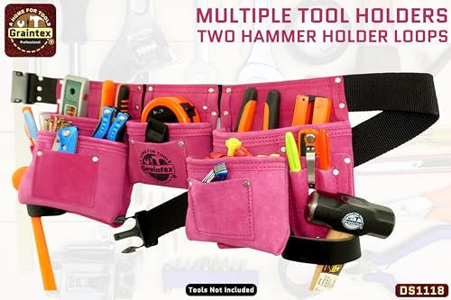 Graintex DS1118 8 Pocket Pink Tool Belt in Suede Leather with 2” Webbing Belt, 2 Leather Hammer Holders Loops 1