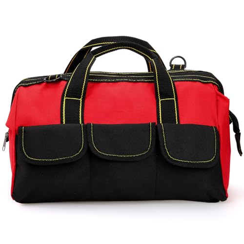 Hiceeden 16 Inch Wide Mouth Tool Bag, Collapsible Tool Tote with Waterproof Coating and Adjustable Strap, Portable Electrician Tool Organizer Handbag with 5 Outside Pockets, Red (Pack of 3) 16.1 x 8.2 x 8.6 inches (Pack of 3)