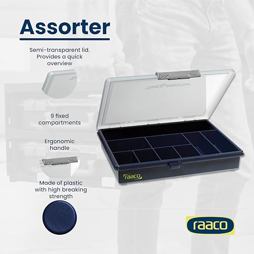 Raaco Assorter Tool Box Organizer Set (Total 2-Pack) – Medium – 18-Slot & 9-Slot Storage Boxes with Lid, Polypropylene (PP), Stackable Organizer for Screws, Nuts, Bolts & Small Parts