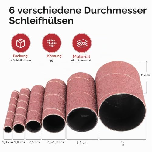 Sanding Sleeves for Random Orbital Sanding, Grit 60, 2 x Diameter 13-19-25-38-51-76 mm Pack of 12 Grit 60