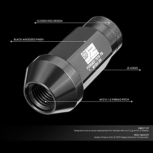 J2 Engineering J2-LN-T7-037-15-BK M12 x 1.5 T6-7075 Aluminum 24mm x 50mm Closed End Lug Nuts w/Deep Drive Extension Adapter,Black
