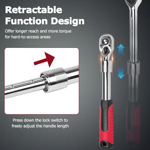 Extendable Ratchet Wrench Set, 1/4 3/8 1/2''Flex Head Socket Ratchet Wrench